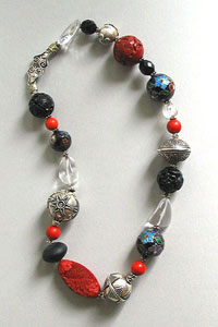 Necklace of red cinnabar, cloisonn�, coral,